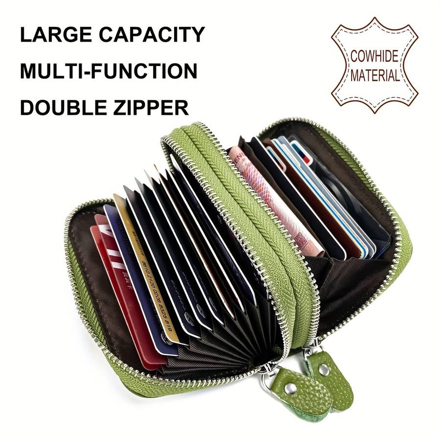1pc Genuine Leather Credit Card Wallet with small Coin Purse and Double Zipper RFID Blocking Credi