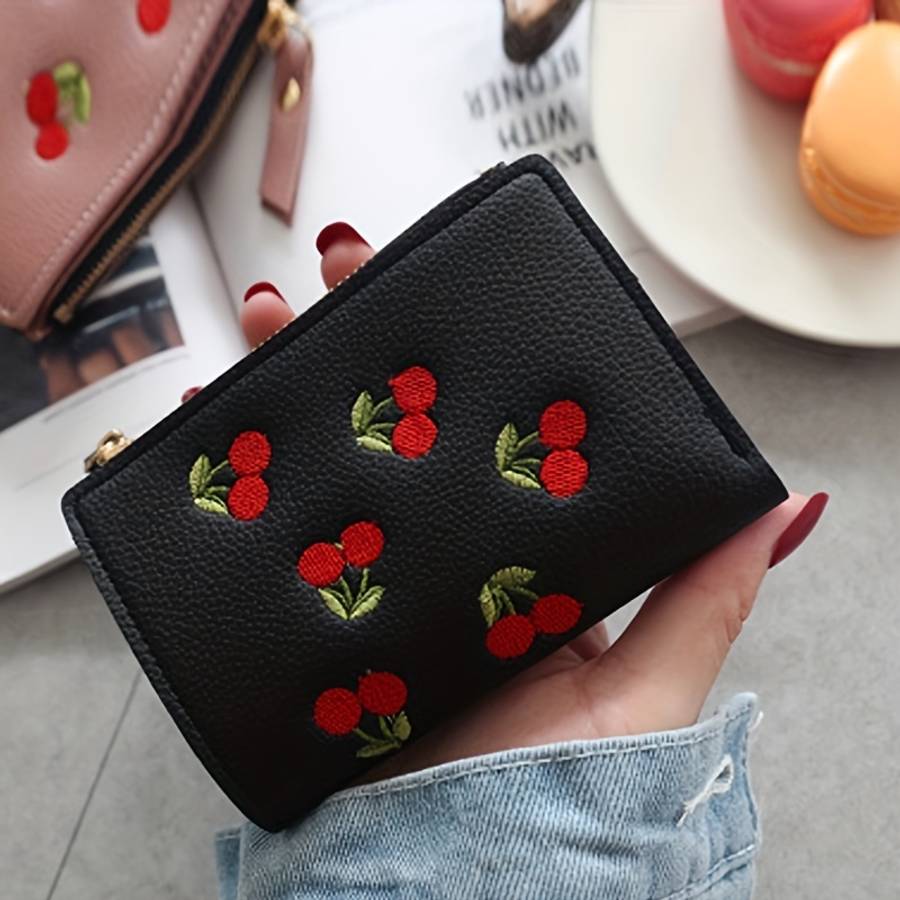 Women'S Cherry Embroidery Wallet Casual Slim Zipper Closure With Polyester Lining And Zip