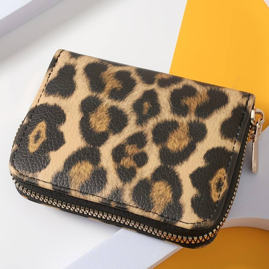 Stylish Leopard Print Women'S Compact Walletfaux Leather With Zipper Closure Credit Card Ho
