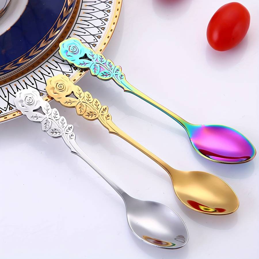 8pcs Set Rose Handle Design Stainless Steel Coffee Spoons 12.7 cm Perfect for Cappuccino Ch