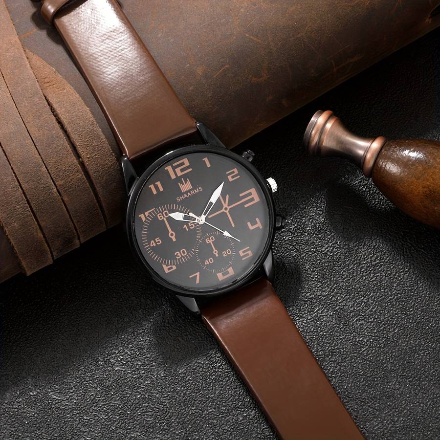 5Pcs Men Fashion Quartz Watch And Bracelet Set Brown