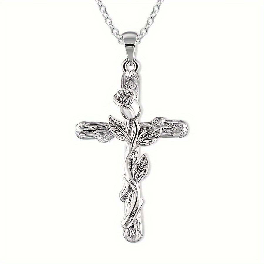 Elegant Silver Plated Retro Cross With Rose Flower Pendant Anniversary S