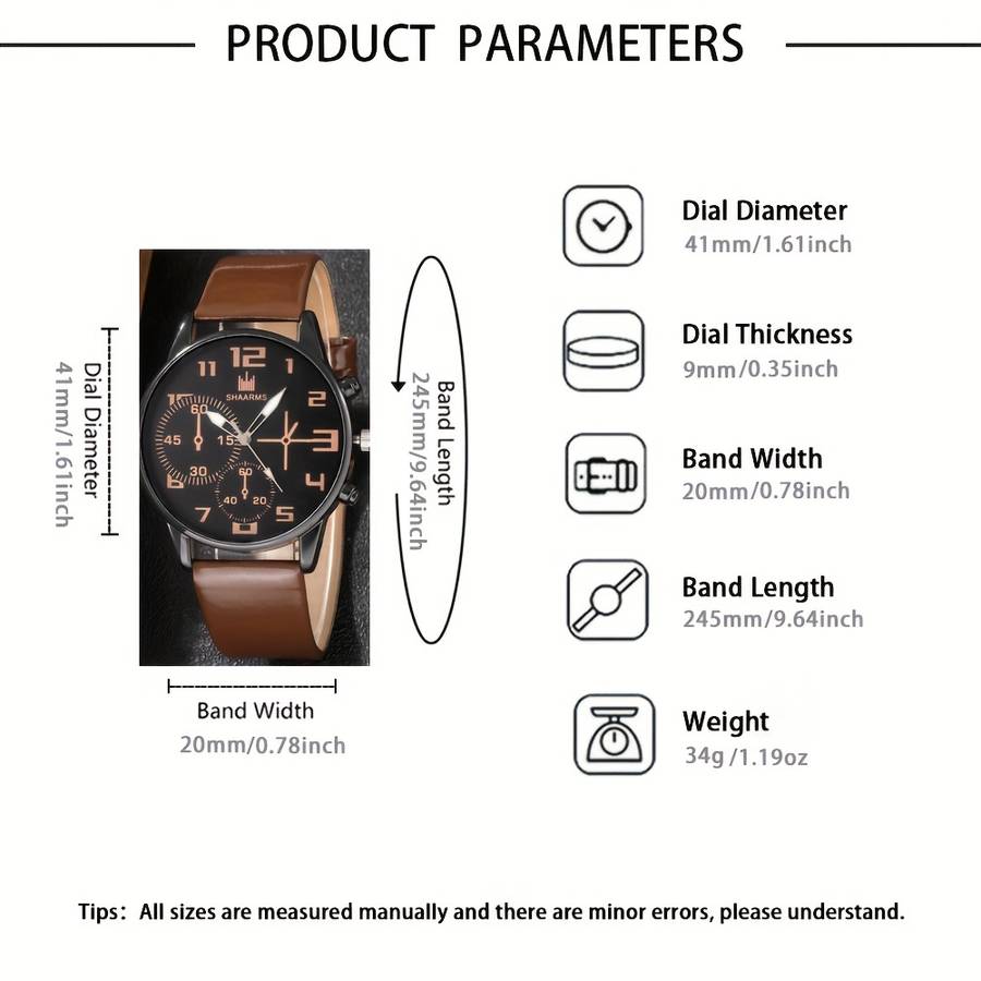 5Pcs Men Fashion Quartz Watch And Bracelet Set Brown