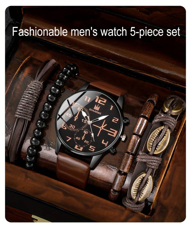 5Pcs Men Fashion Quartz Watch And Bracelet Set Brown