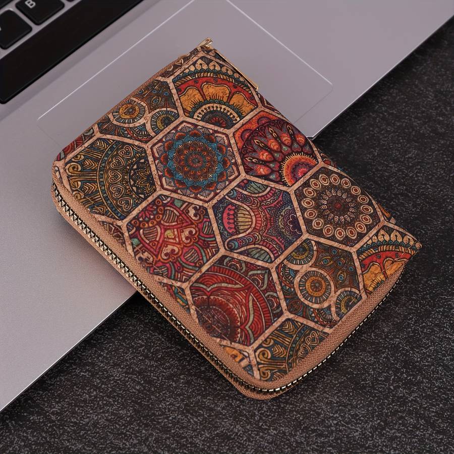 1pc Bohemian Vintage Mini Wallet Floral Pattern Short Cork Coin Purse Ethnic Style Credit Card Ho