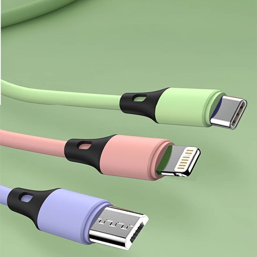 1pc 3-in-1 Macaron Charging Cable with Type-C Micro USB-C Silicone Matte Round Cable Male to