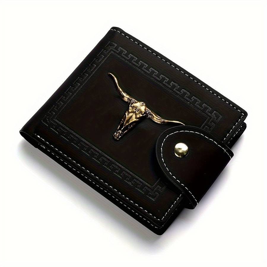 Men'S Premium Black Wallet With Golden Geometric Skull Design Embossed Court Style Multiple