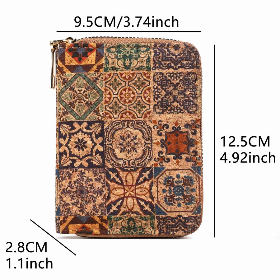 1pc Bohemian Vintage Mini Wallet Floral Pattern Short Cork Coin Purse Ethnic Style Credit Card Ho