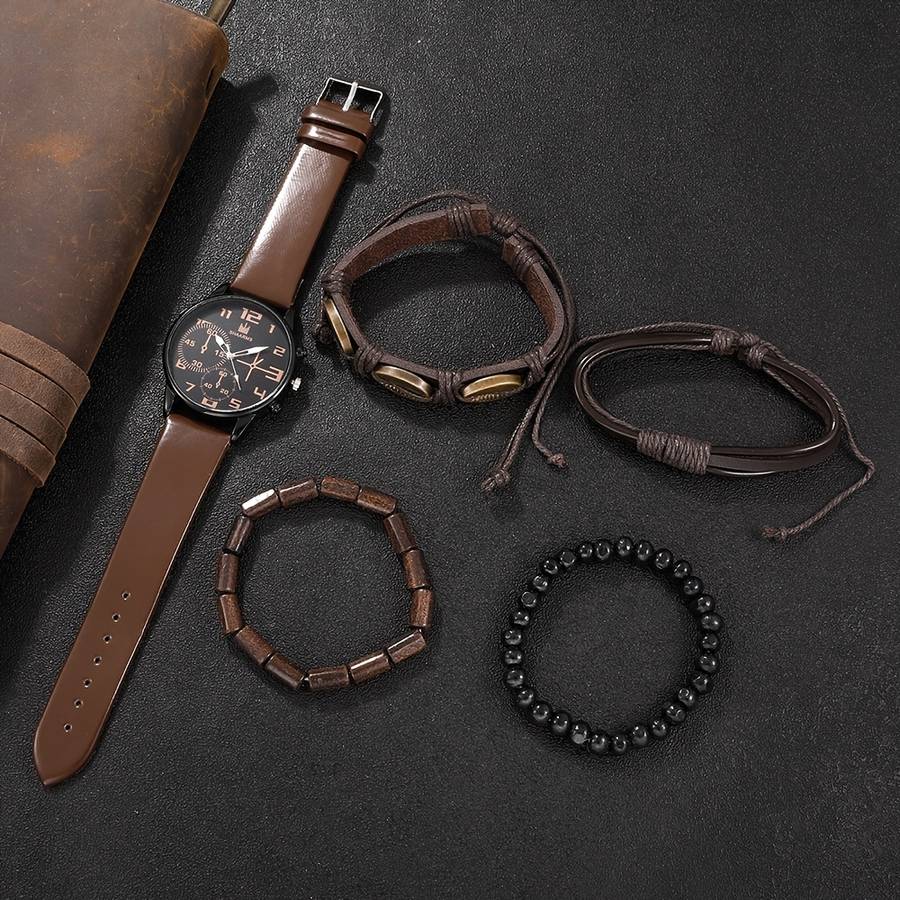 5Pcs Men Fashion Quartz Watch And Bracelet Set Brown