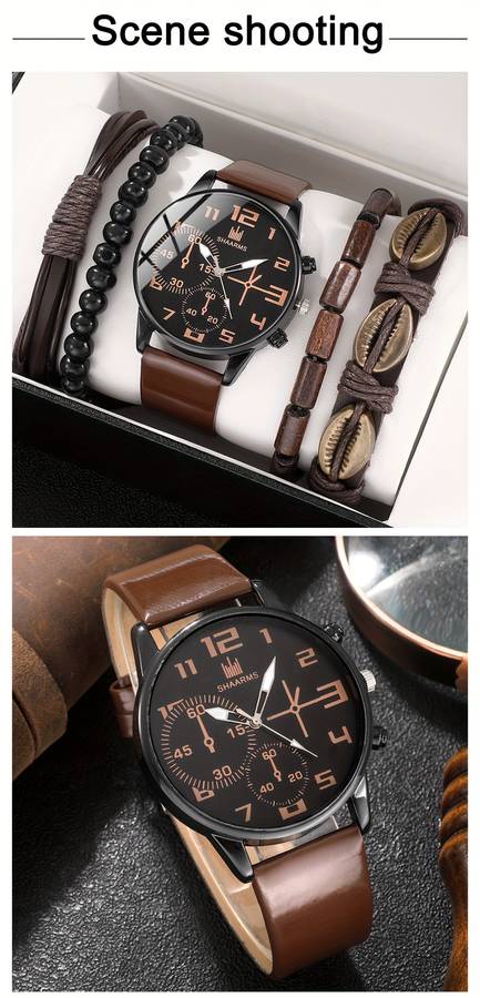 5Pcs Men Fashion Quartz Watch And Bracelet Set Brown
