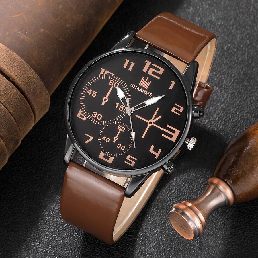 5Pcs Men Fashion Quartz Watch And Bracelet Set Brown