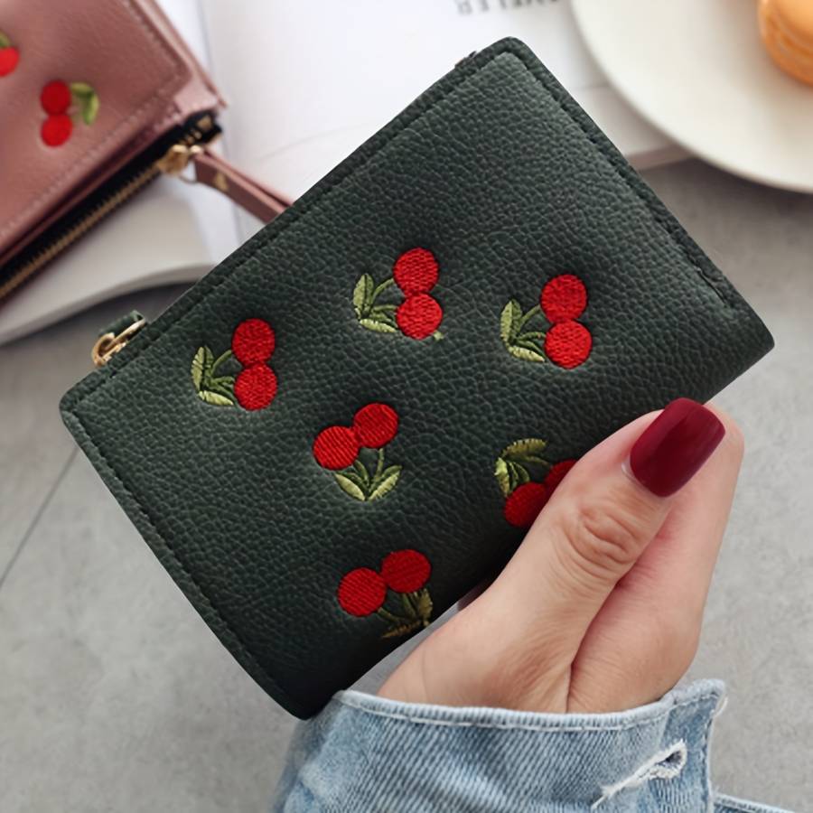 Women'S Cherry Embroidery Wallet Casual Slim Zipper Closure With Polyester Lining And Zip