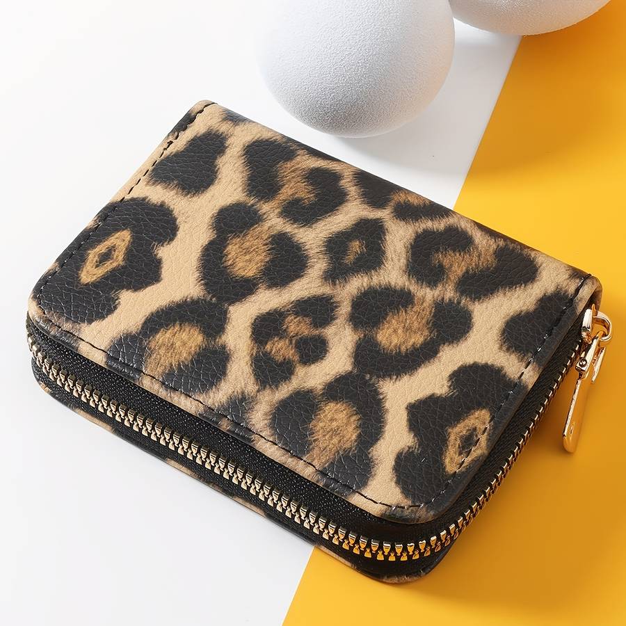 Stylish Leopard Print Women'S Compact Walletfaux Leather With Zipper Closure Credit Card Ho