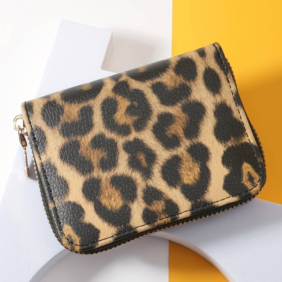 Stylish Leopard Print Women'S Compact Walletfaux Leather With Zipper Closure Credit Card Ho