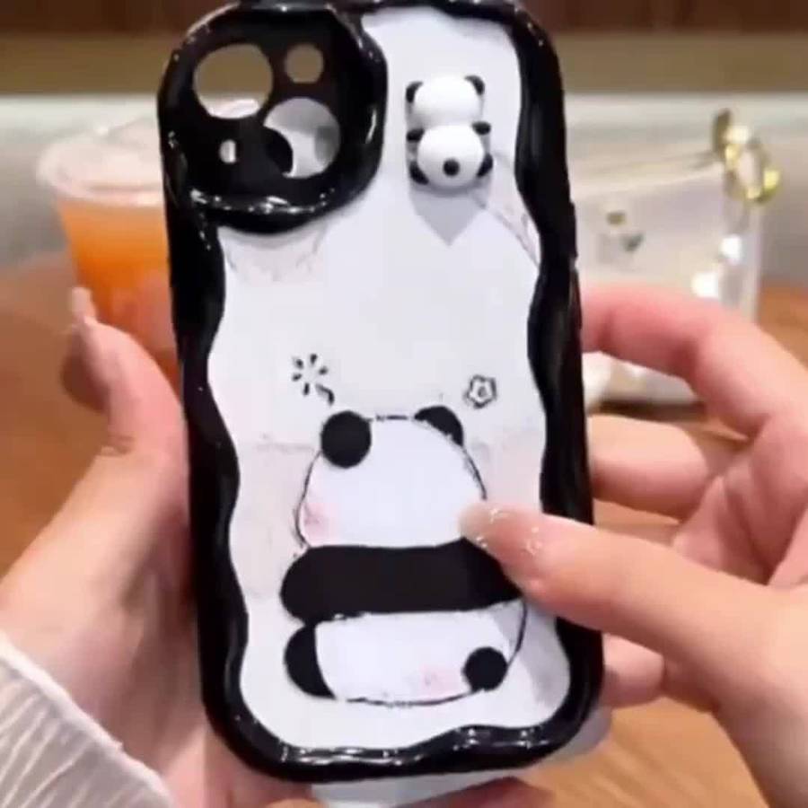 1Pc Black For iPhone 14 3D Cartoon Panda Phone Case
