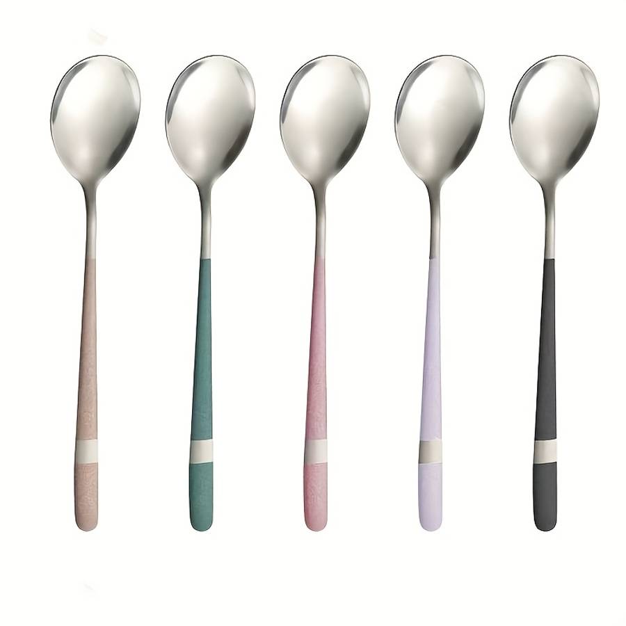 5pcs Stainless Steel Spoon Set Rustproof Long Handle Suitable for Family Gatherings and Rest