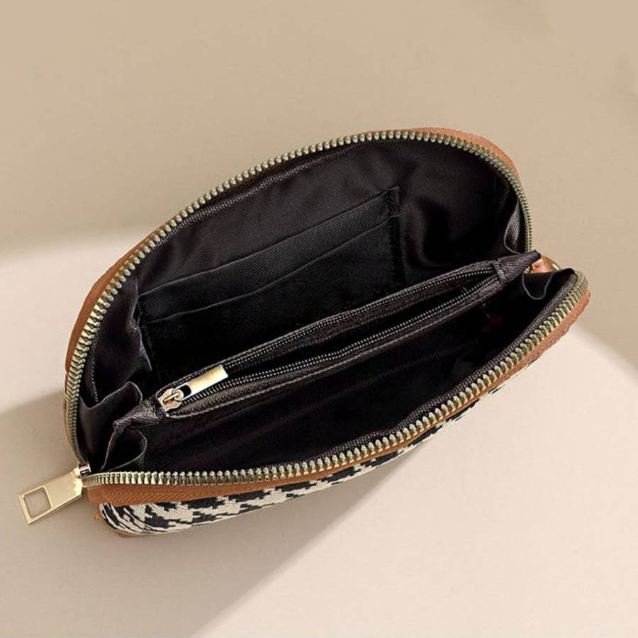 1pc Elegant Canvas Long Style Wallet Portable Printing Houndstooth Zipper Purse with Credit Card C
