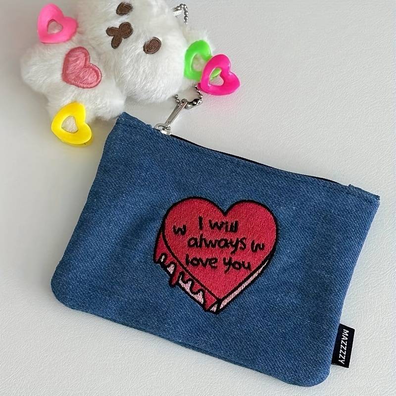 1pc Denim Coin Purse with Heart Design "I Will Always Love You" Embroidery Zippered Denim Wallet