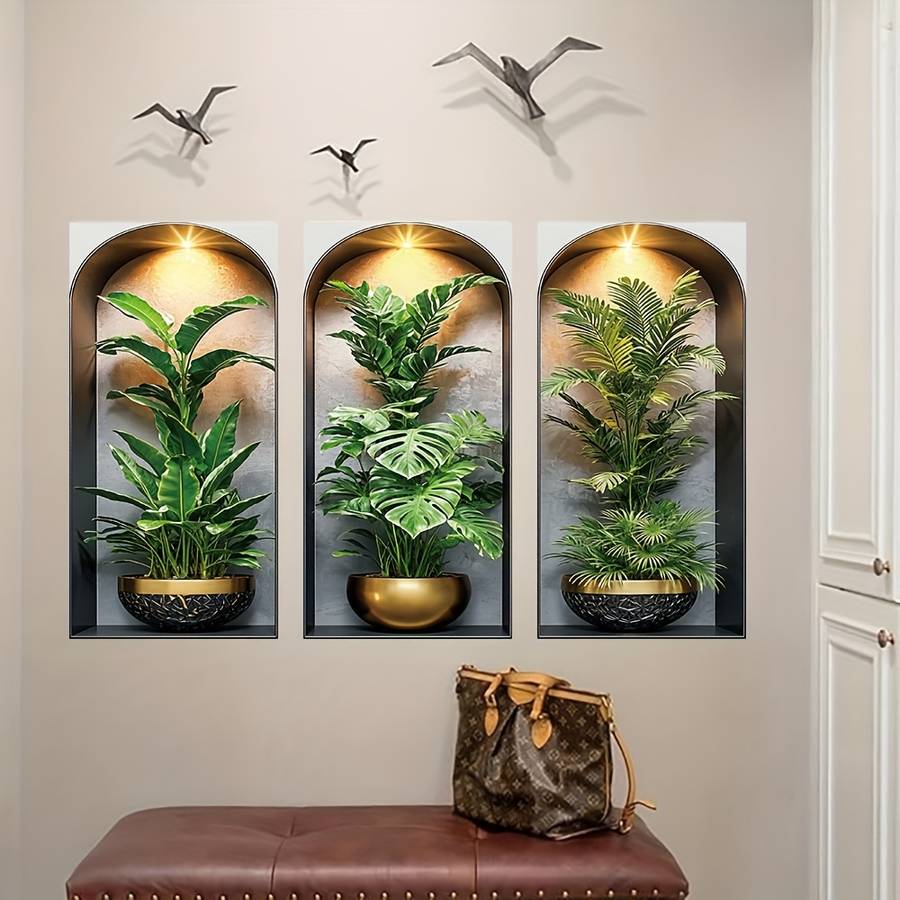 3Pcs Stylish Modern Arched Wall Hanging Plant Stickers Tropical Palm Living