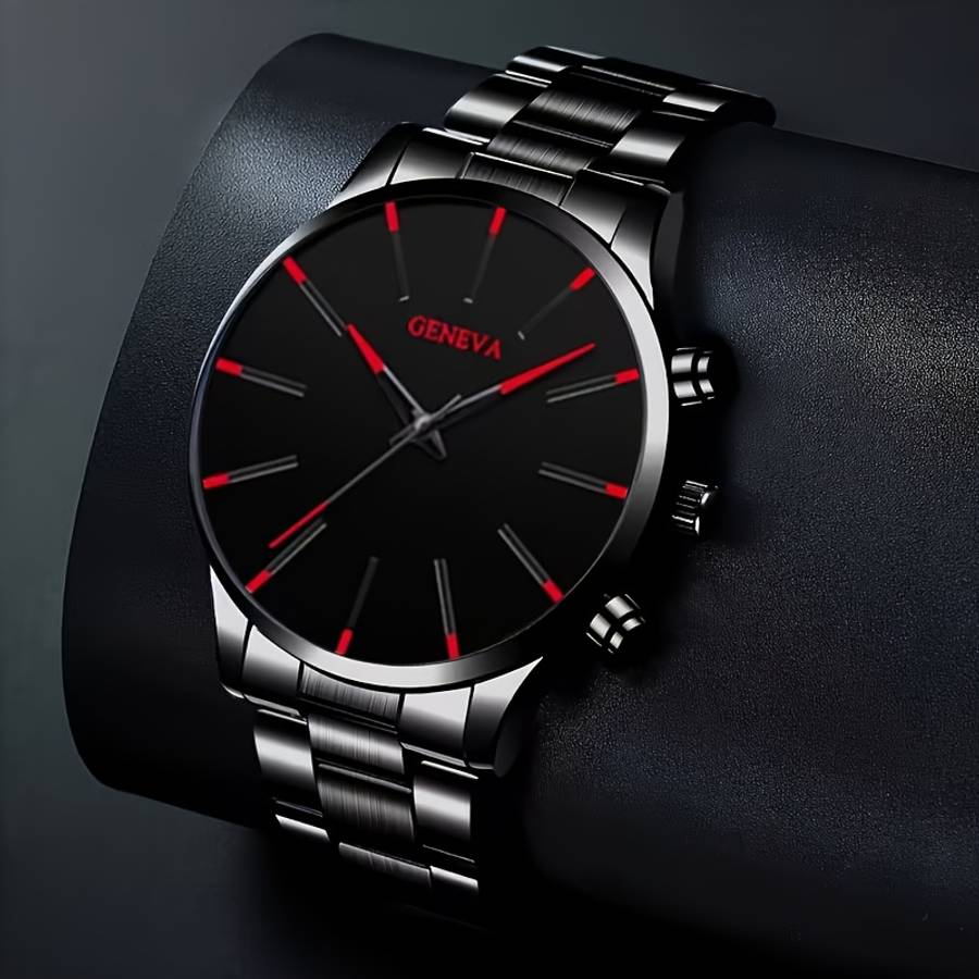 4Pcs Fashion Men Round Quartz Watch Set With Stainless Steel Strap