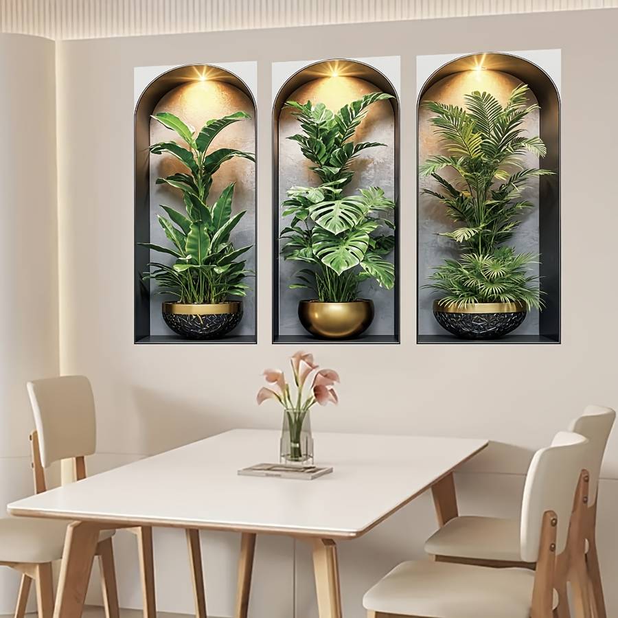 3Pcs Stylish Modern Arched Wall Hanging Plant Stickers Tropical Palm Living