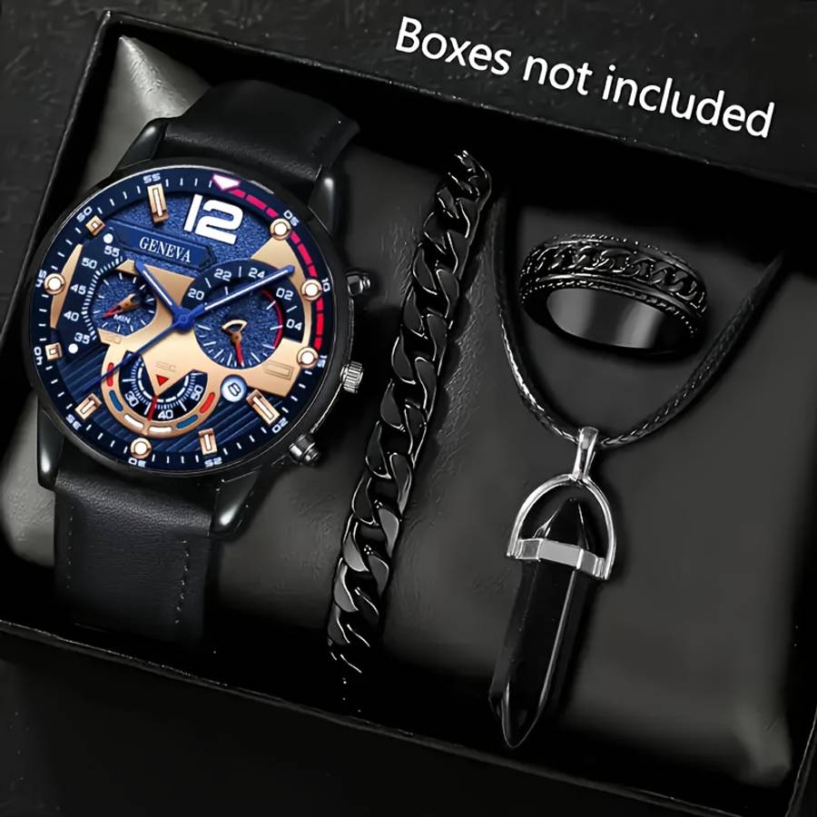 4Pcs Men Luxury Analog Watch Jewelry Suite With Calendar Quartz Movement