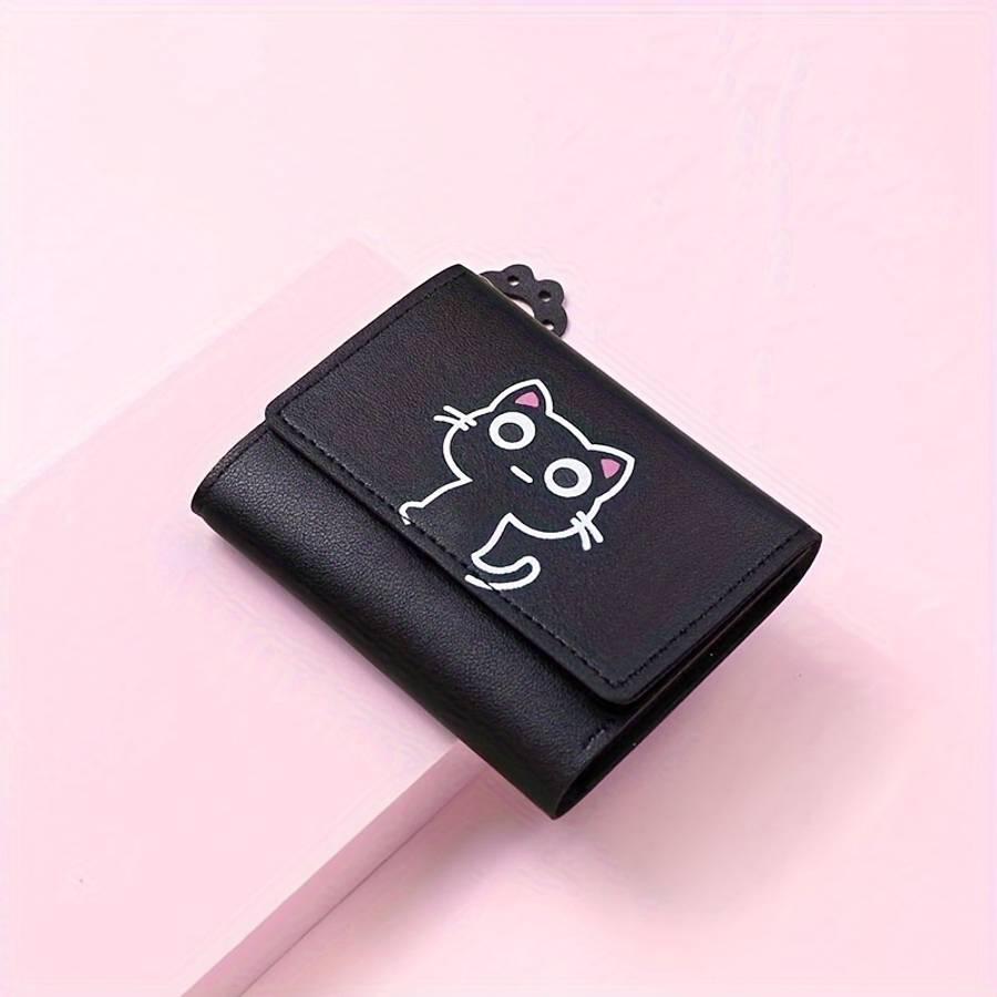 Vintage Style Cartoon Cat Pattern Pu Wallet Mini Tri-Fold Card Holder With Cat Paw Charm