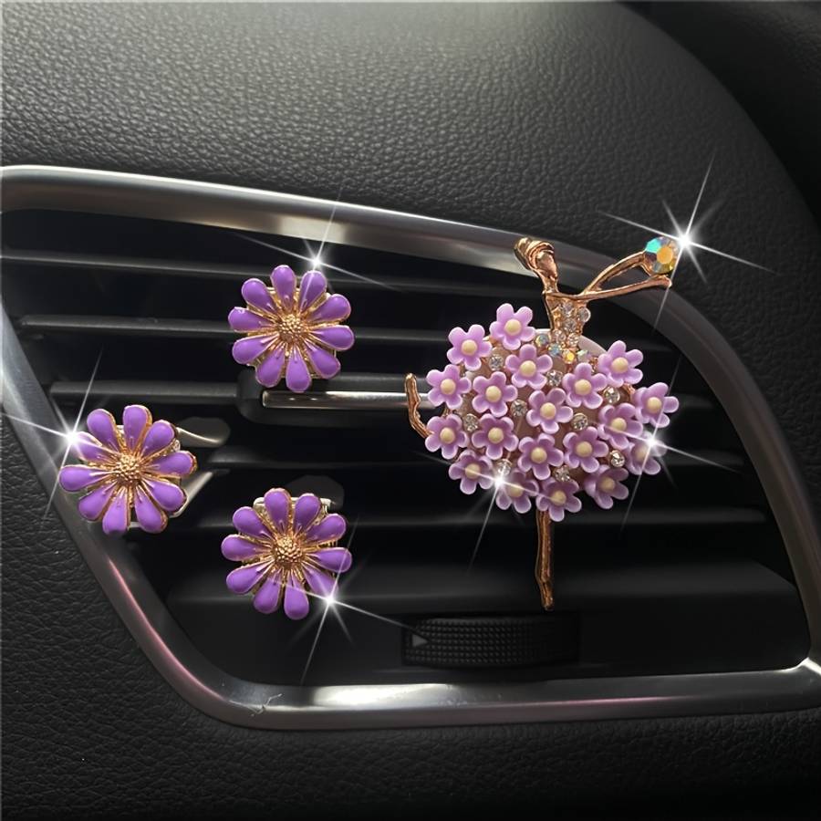 Car Interior Decor Items 4Pcs Purple Girl  Add  Three Daisies