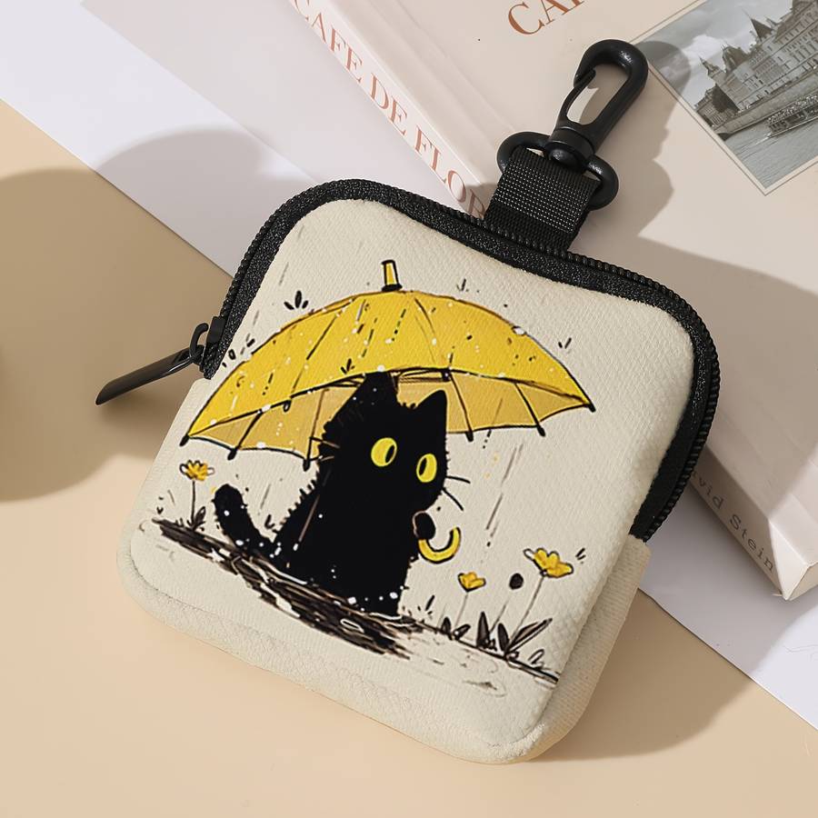 1pc Contemporary Black Cat with Umbrella Polyester Coin Purse Large Capacity Zippered Multi-Functi