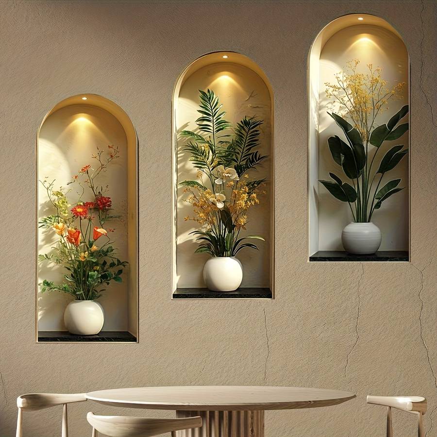 3PCS Nordic Textured Set Wall Stickers Fresh Green Plant Pot Bedroom