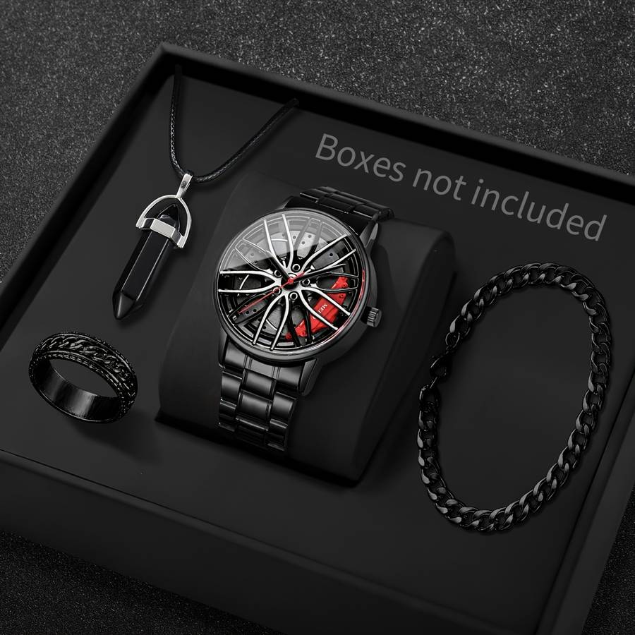 4Pcs Luxury Men Fashion Quartz Watch Set Classic Style With Wheel