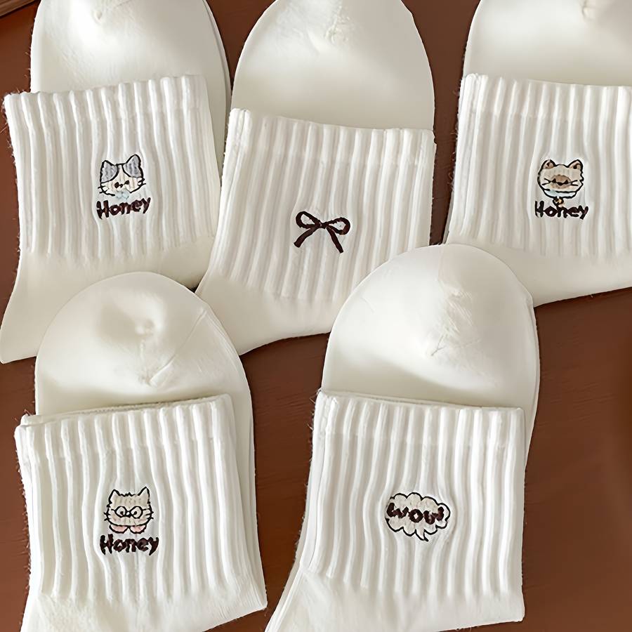 Women S Socks Color White Cartoon 5 Pairs