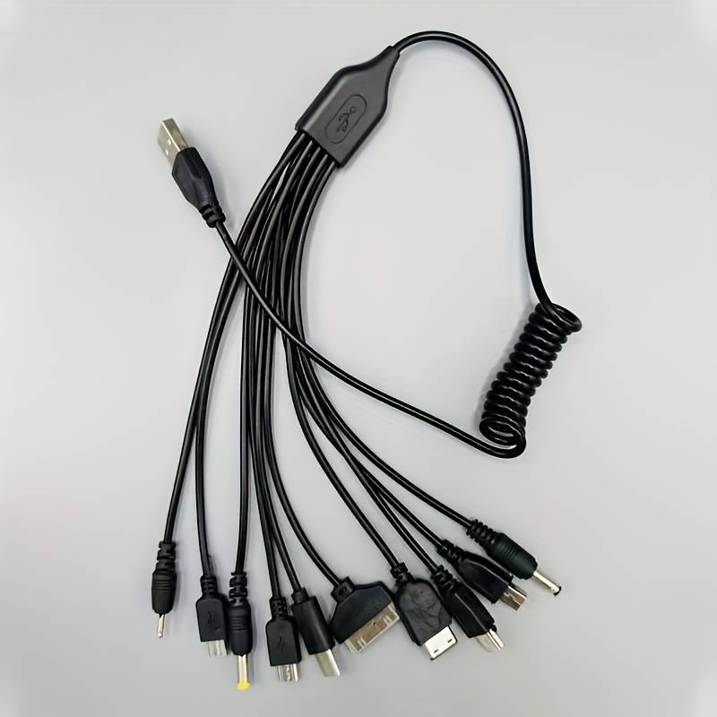 1pc 10in1 Multi-Device USB Charging Cable Hub Black PVC Flat Design with 10 Connectors for Si