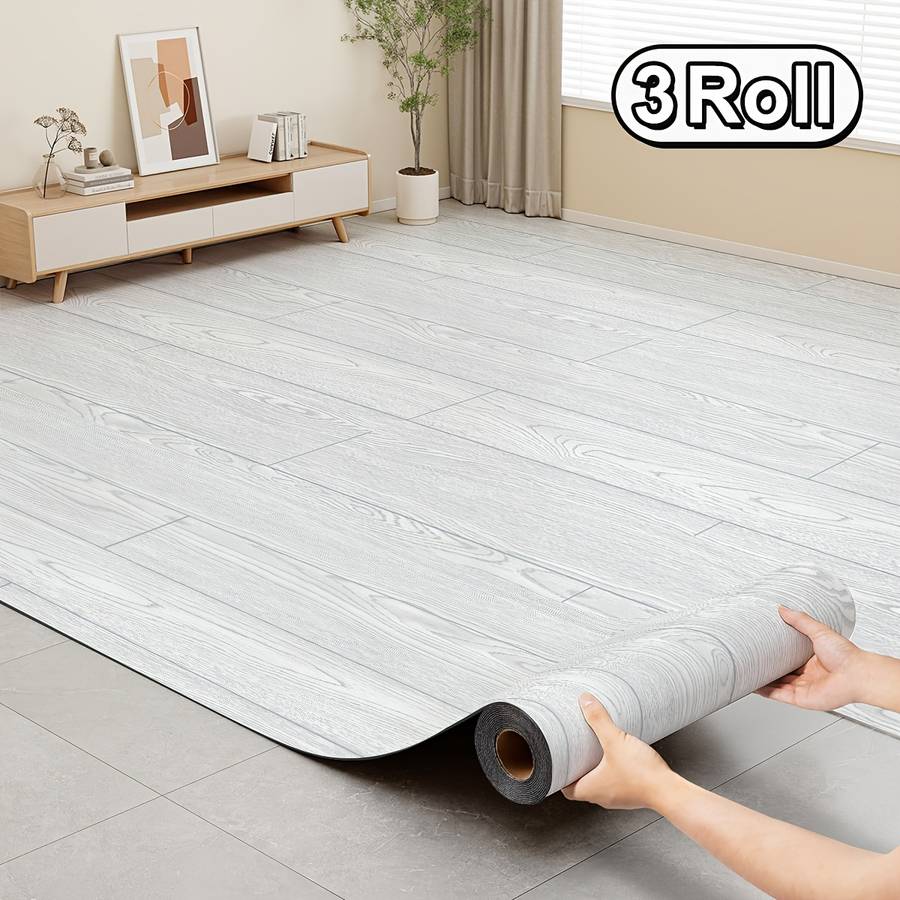 Self Adhesive Floor Stickers Light Gray Wood Grain 3 Roll 30Cm*300Cm