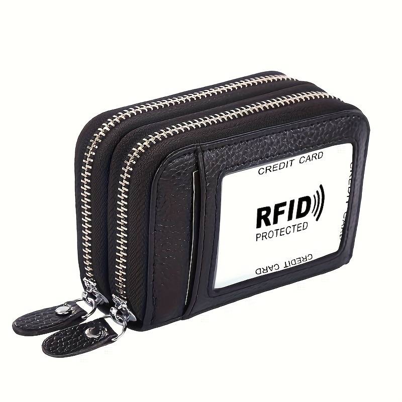1pc Genuine Leather Credit Card Wallet with small Coin Purse and Double Zipper RFID Blocking Credi