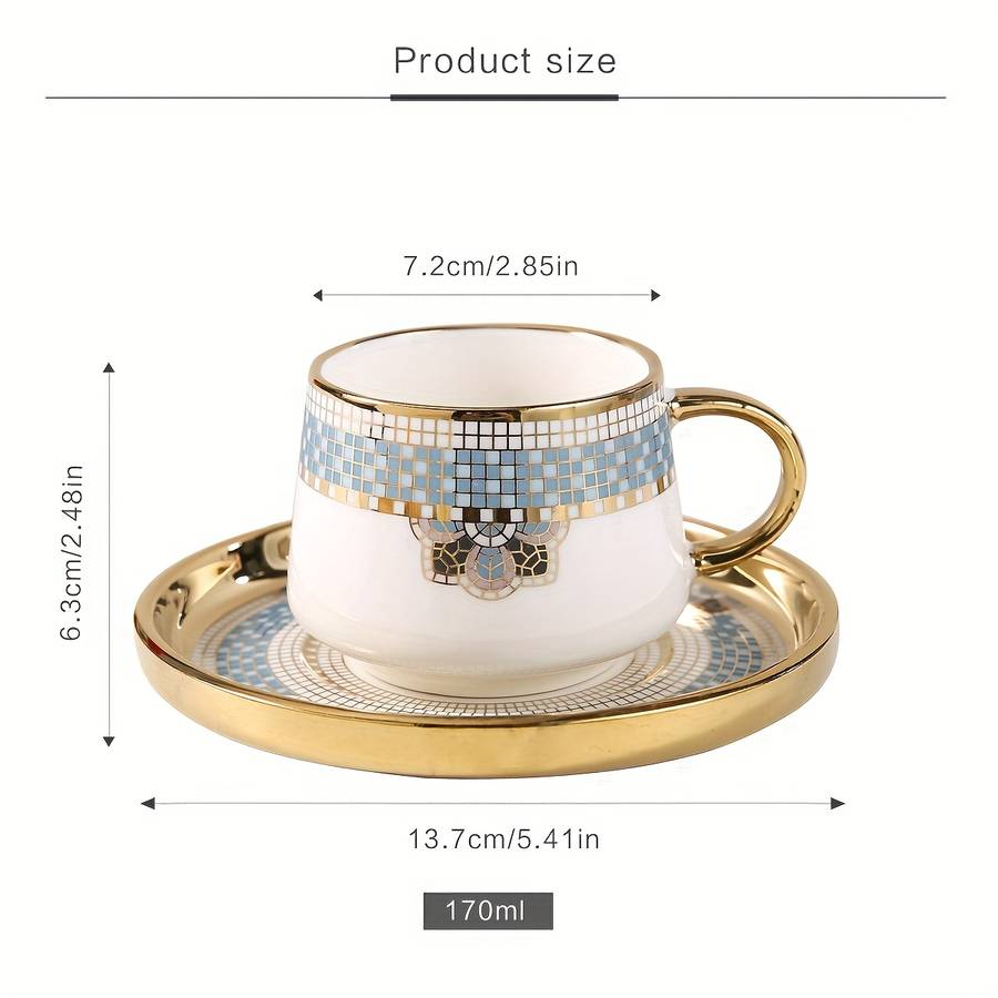 Water Cup Capacity 170Ml 574Oz Gold Rimmed Checkered 6 Cup Saucer