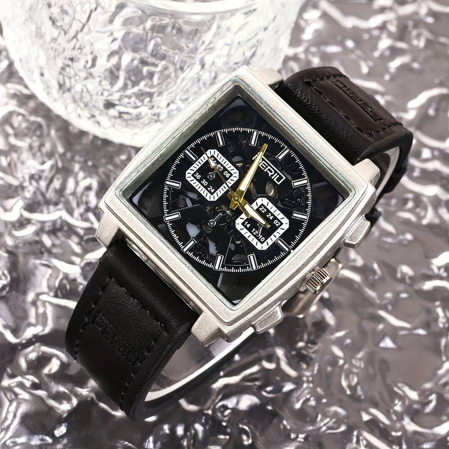 Men Quartz Watch Featuring Square Silvery Case With Hollow Design