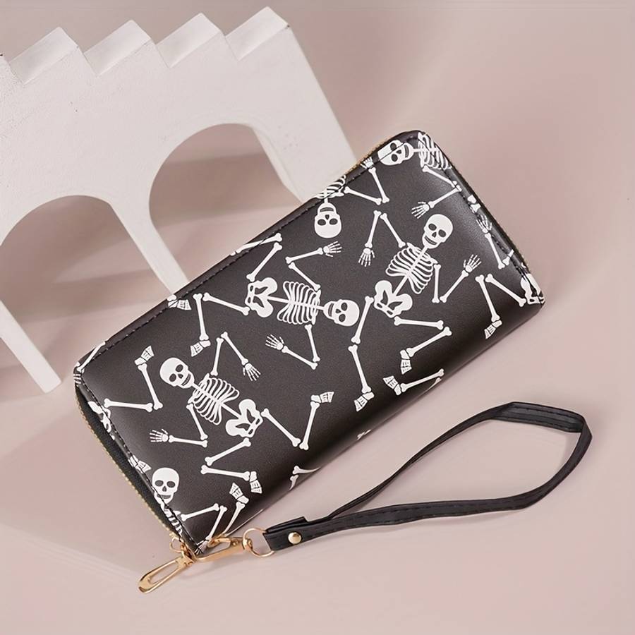 Edgy Chic Gothic Skull Print Womens Wallet Stylish Large Capacity Zipper Closure Multi-Ca