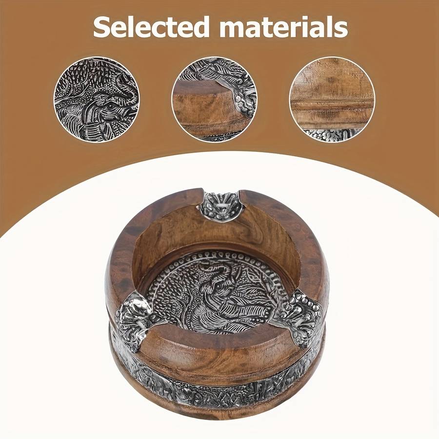 Modern Vintage Wooden Ashtray With Metal Accent Elegant Retro Accessory Round
