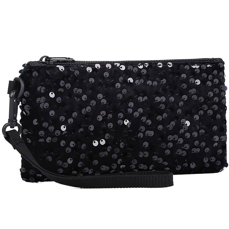1pc Women's Black Sequin Clutch WalletLong Zippered Phone Bag with Adjustable Strap Stylish Wri