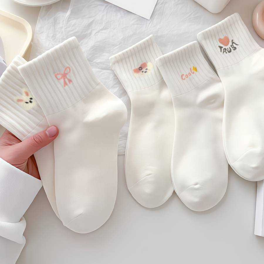 Women S Socks Items Pure White Cartoon 5 Pairs Pack