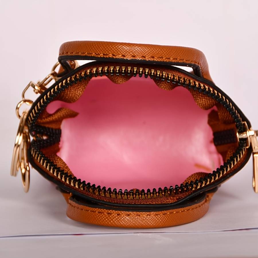Chic Plaid Faux Leather Keychain Coin Walletfashionable Brown Black White Pattern With Gol