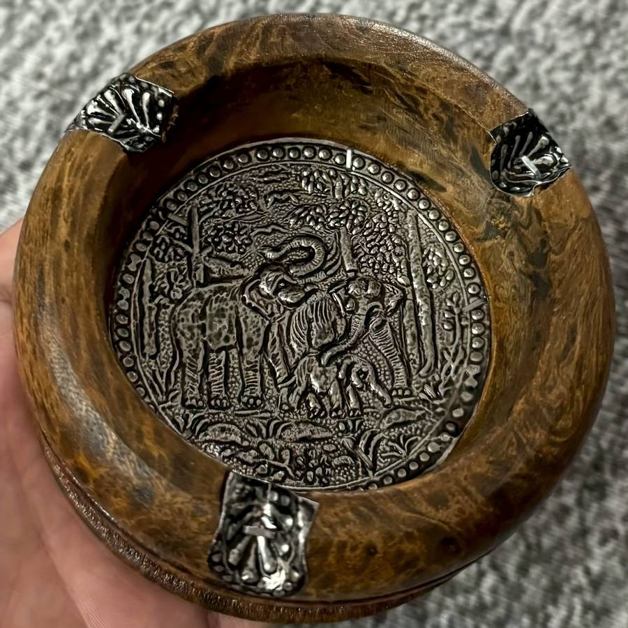 Vintage Wooden Ashtray With Metal Accent Elegant Retro Accessory Suitable Round