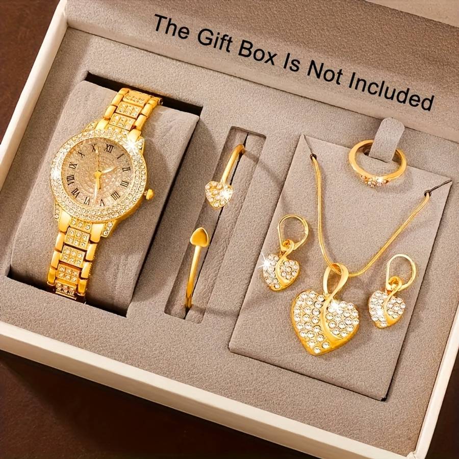 Classic Women Quartz Watch Simple Jewelry 1864 Silvery Set 6 Piece Womens