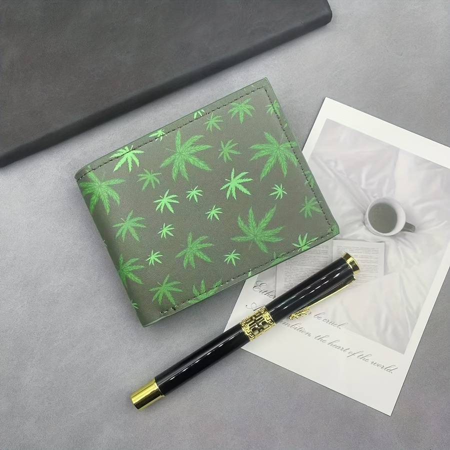 Men'S Stylish Faux Leather Wallet With Vibrant Leaf Printcompact Green Design Perfect Gift