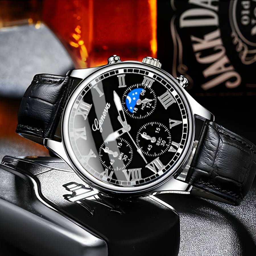 3Pcs Men Watch Set Vintage Quartz Watch With Stylish Crown Decorated