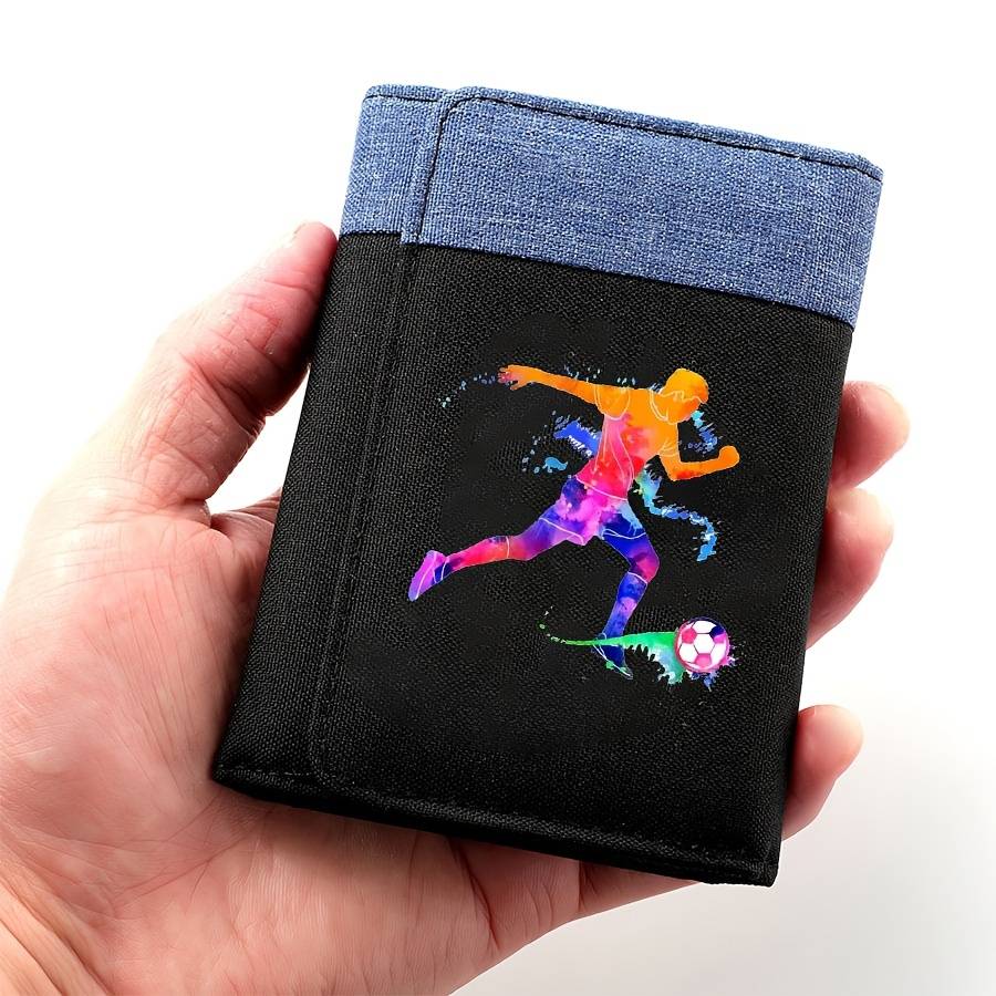 1pc Men'S Casual Canvas Wallet with Football Player Design Color Block Double-Fold Multi-Car