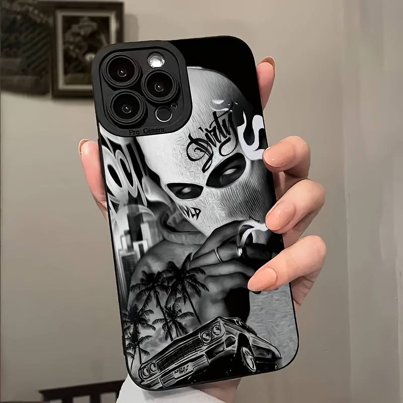 1Pc Black For iPhone 15 Pro White Skull Phone Case