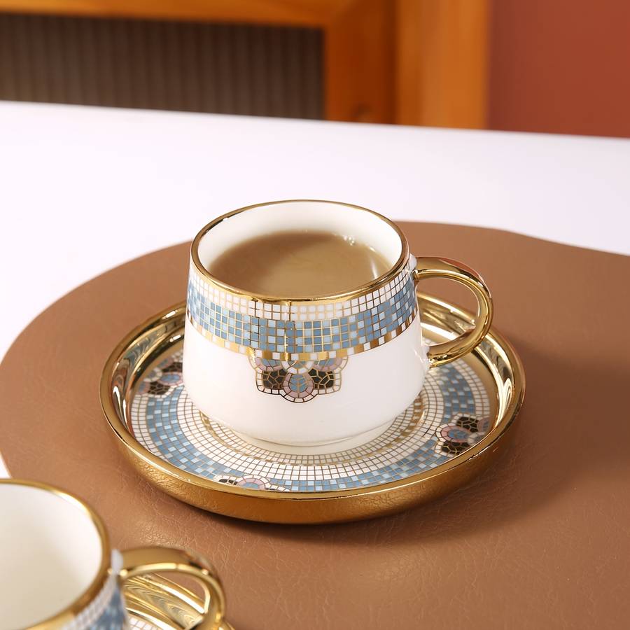 Water Cup Capacity 170Ml 574Oz Gold Rimmed Checkered 6 Cup Saucer