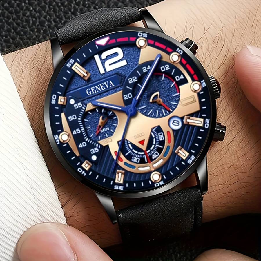 4Pcs Men Luxury Analog Watch Jewelry Suite With Calendar Quartz Movement